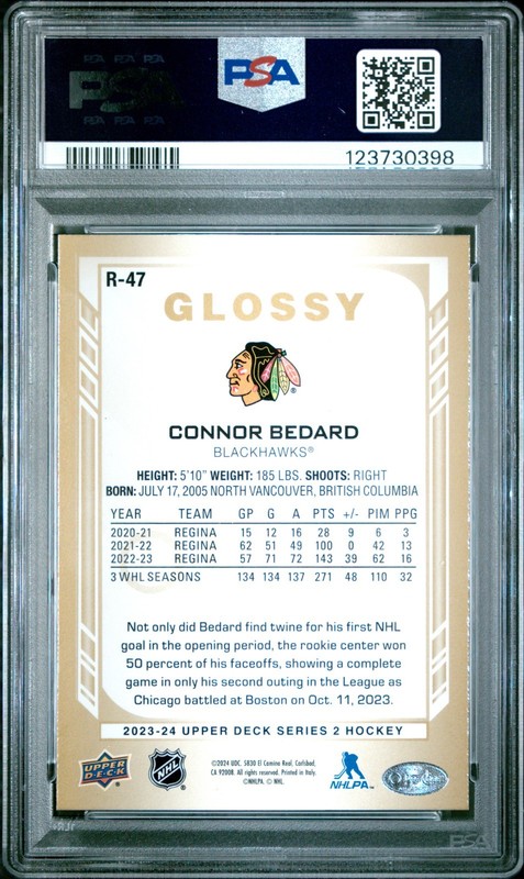 2023-24 Upper Deck OPC #R-47 Connor Bedard Glossy Gold Rookie RC PSA 9 Mint view 2