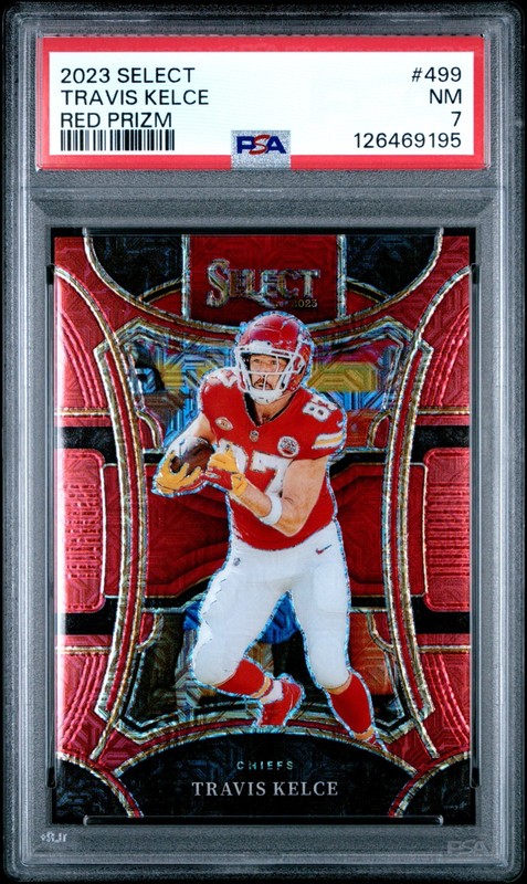 2023 Panini Select #499 Travis Kelce Suite Level Red Prizm /49 PSA 7