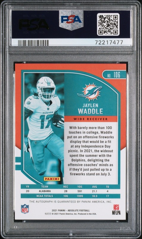 2021 Panini Absolute Football Signature Jaylen Waddle PSA 8 NM-MT Rookie Auto RC view 2