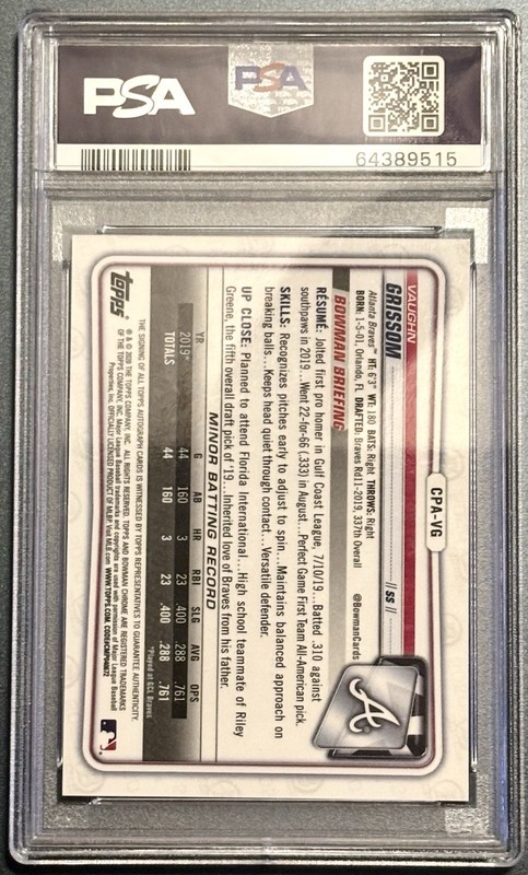 2020 Bowman Chrome Vaughn Grissom Orange Wave Refractor #’d 09/25  Auto PSA 10 view 2