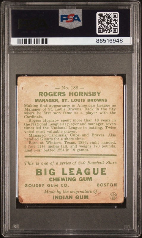 1933 Goudey - #188 Rogers Hornsby- PSA 1 view 2