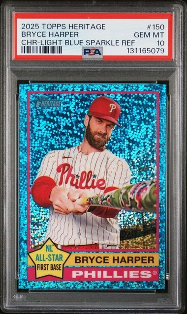 2025 Topps Heritage Chrome Light Blue Sparkle #150 Bryce Harper Phillies PSA 10