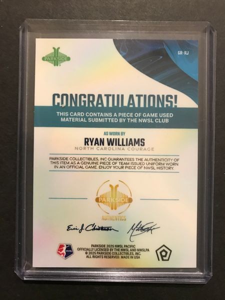 Ryan Williams 2025 Parkside NWSL Pacific GAME USED MATCH WORN Jersey Relic view 2