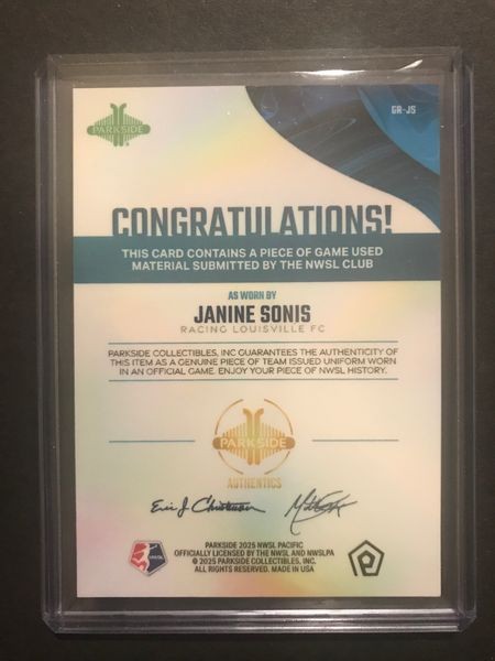 Janine Sonis 2025 Parkside NWSL Pacific GAME USED MATCH WORN Jersey Relic view 2