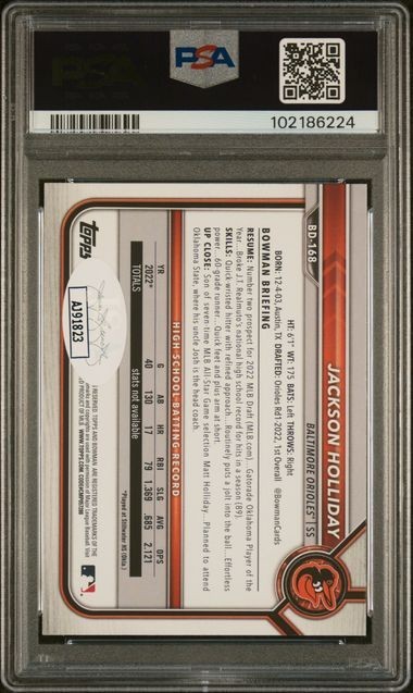 Jackson Holliday 2022 Bowman Draft 1st Auto #BD-168 PSA 10 Auto 10 Hard Signed view 2