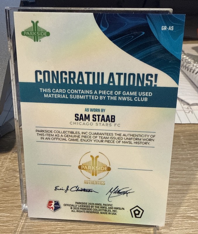 Sam Staab 2025 Parkside NWSL Pacific GAME USED MATCH WORN Jersey Relic view 2