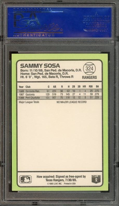 1989 Donruss #324 Sammy Sosa RC GEM-MT Baseball's Best PSA 10 Texas Rangers 7284 view 2