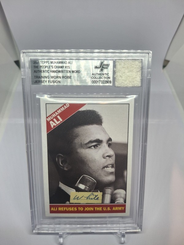 Muhammad Ali card with hand written word with training worn robe