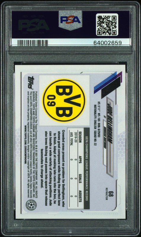 2020-21 Topps Chrome UEFA Jude Bellingham #68 Refractor RC Rookie PSA 9 view 2