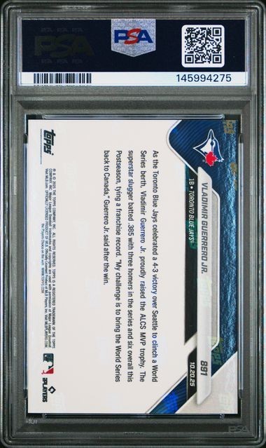 2025 Topps Now ALCS MVP! 3 HR Series #891 Vladimir Guerrero Jr. Blue Jays PSA 10 view 2