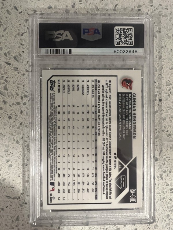 2023 Topps Chrome RC Gunnar Henderson #RA-GHE Purple Speckle Auto /299 PSA 10 view 2