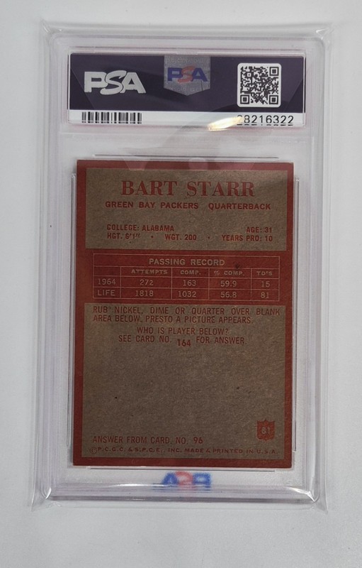 PSA GRADED 5 EX VINTAGE CLEAN 1965 Philadelphia Bart Starr #81 GREEN BAY PACKERS view 2