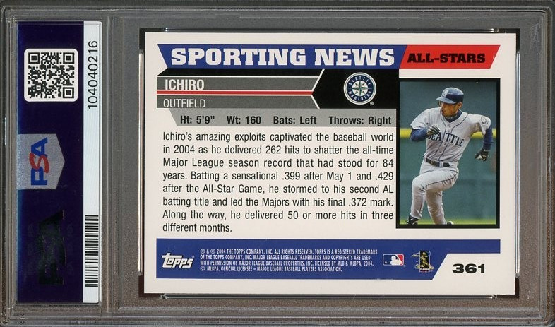 2005 Topps #361 Ichiro Suzuki GEM-MT Sporting News PSA 10 Seattle Mariners 0216 view 2