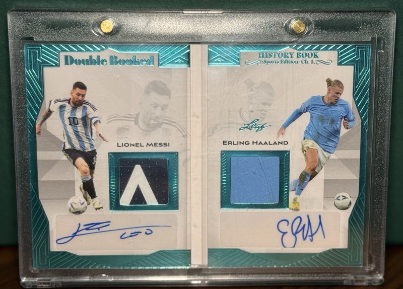 LIONEL MESSI🔥ERLING HAALAND 2023 Leaf History Book DUAL GU PATCH AUTO/5