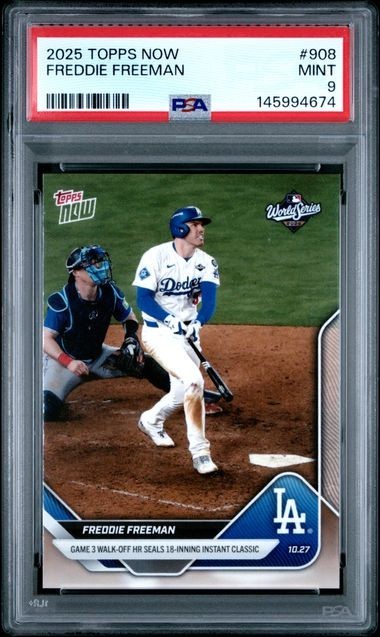 2025 Topps Now WS Game 3 Walk Off HR 18 Inning #908 Freddie Freeman PSA 9 view 1