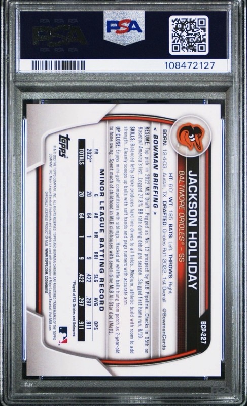 2023 Jackson Holliday Sapphire Orange Bowman Chrome /75 PSA 10 #227 Rookie view 2