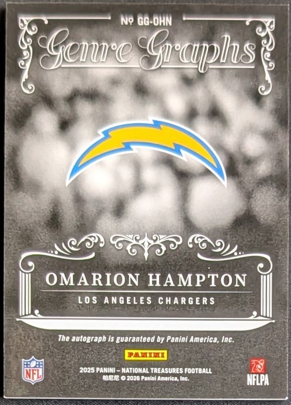 2025 National Treasures Omarion Hampton RC Genre-Graphics Auto /25 Chargers  view 2