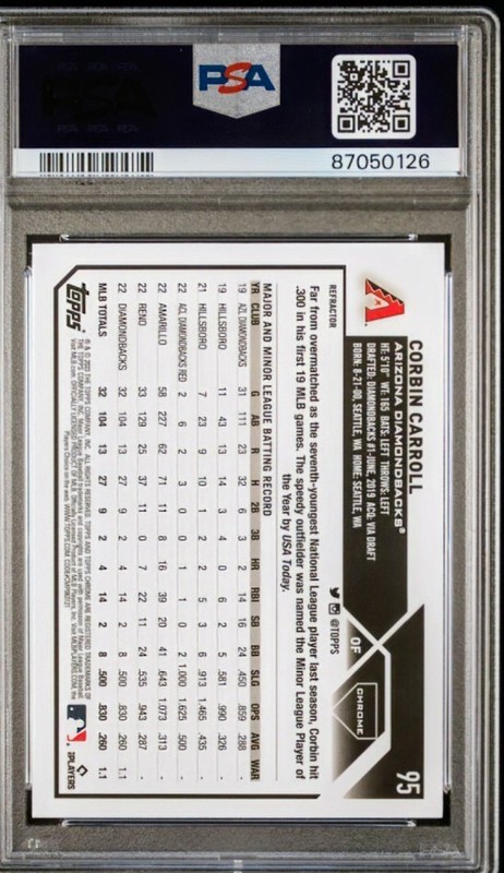 2023 Topps Chrome - Corbin Carroll - Refractor RC PSA Mint 9 - Diamondbacks  view 2