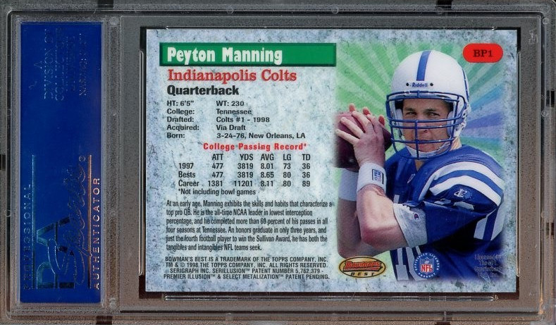 1998 Bowman's Best #BP1 Peyton Manning RC GEM-MT Best Performers PSA 10 2841 view 2