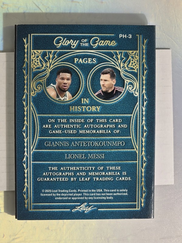 2025 Leaf GOTG Giannis Antetokounmpo Lionel Messi 2/3 Patch AUTO Booklet #PH-3 view 2