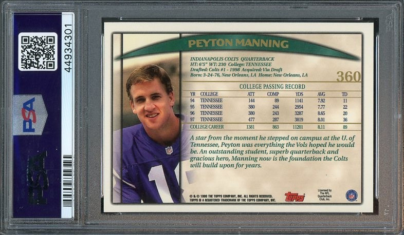 1998 Topps #360 Peyton Manning RC GEM-MT PSA 10 Indianapolis Colts 4301 view 2