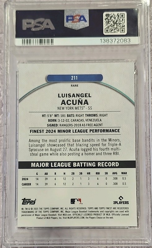 2025 Topps Finest Luisangel Acuna RC #211 Green Refractor /25 PSA 10 Mets view 2