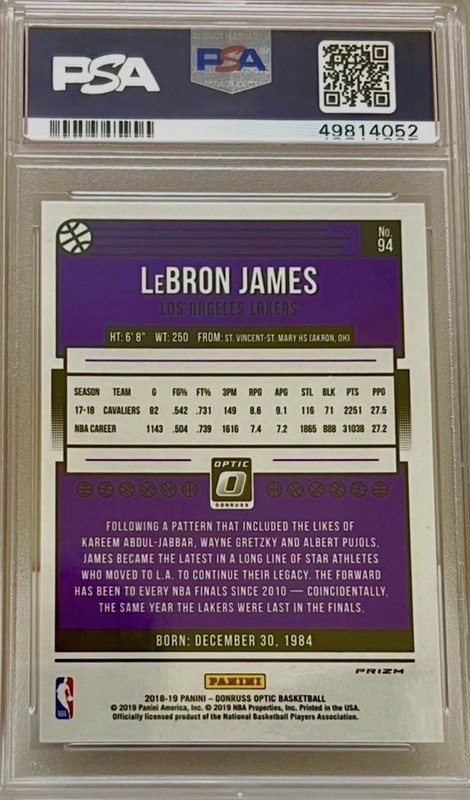 2018-19 Donruss Optic Lebron James Lakers #60 Purple Refractor-PSA 10 Low POP🔥 view 2