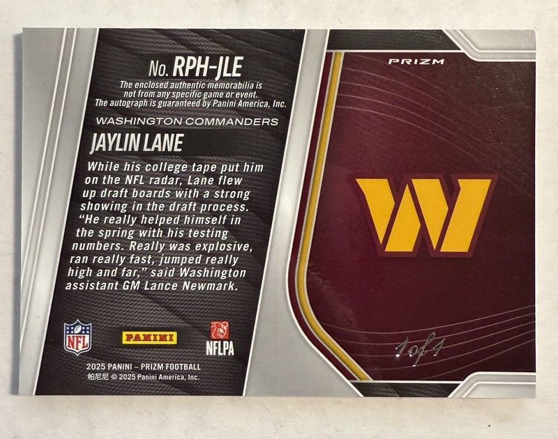 2025 Panini Prizm NFL Shield Black Finite RPA Jaylin Lane Auto 1/1 One Of One view 2