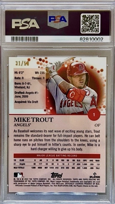 2022 Mike Trout- 31/50 Topps Pristine #1 Angels Gold Refractor view 2