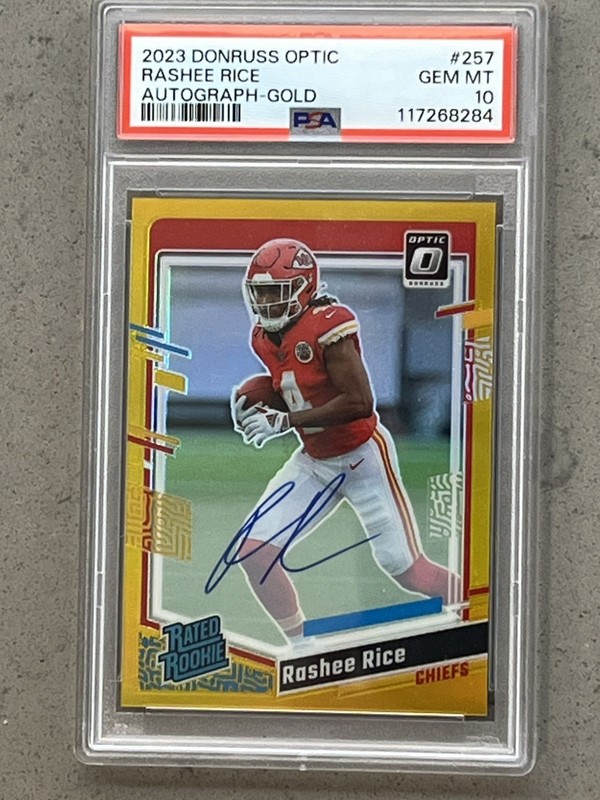 2023 Donruss Optic Rashee Rice Gold Prizm Rated Rookie Auto 4/10 PSA 10 Jersey #