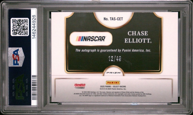 Chase Elliott 2025 Panini Select Trackside Action Signatures Purple /49 - PSA 8 view 2