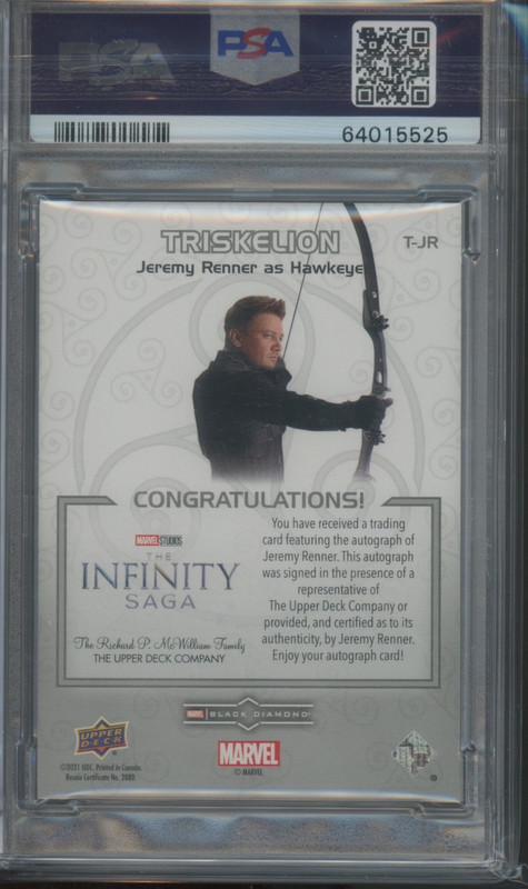 2021 UD Black Diamond Marvel Jeremy Renner #T-JR Triskelion Auto /99 PSA 9 view 2