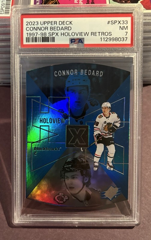 2023 Upper Deck #SPX33 Connor Bedard SPX Holoview Retros Rookie Card PSA 7 NM RC view 1