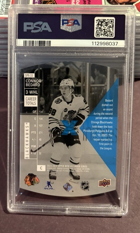 2023 Upper Deck #SPX33 Connor Bedard SPX Holoview Retros Rookie Card PSA 7 NM RC view 2