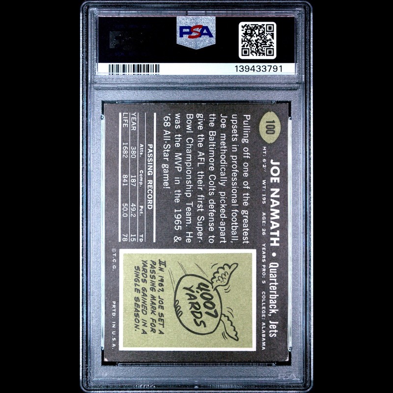 1969 Topps Joe Namath #100 PSA 5 EX New York Jets HOF Vintage Football Card view 2