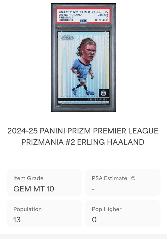 2024-25 Panini Prizm Premier League Erling Haaland Prizmania PSA 10 Rare POP 13 view 2