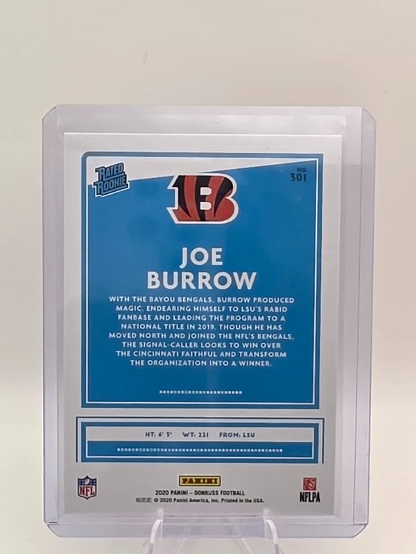 2020 Panini Donruss #301 Joe Burrow Rated Rookie Blue Press Proof RC Bengals view 2