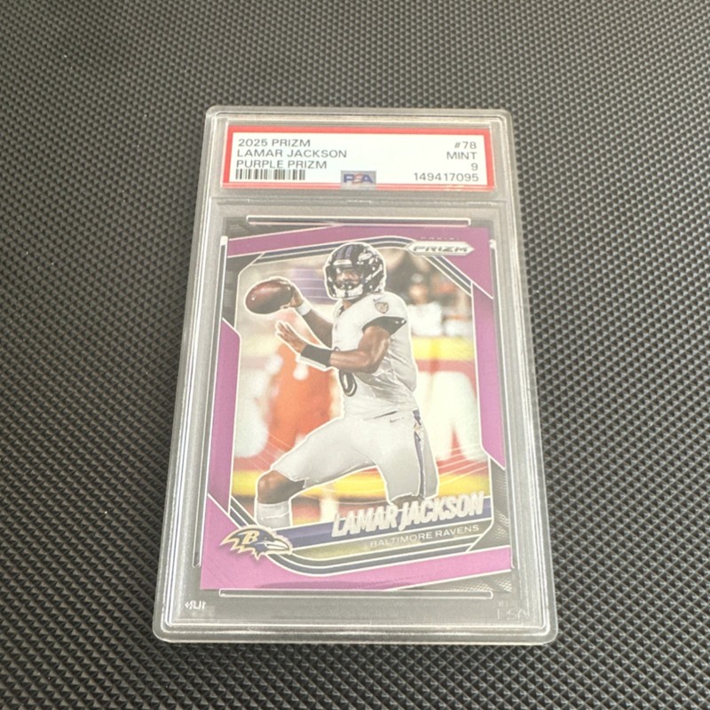 Panini 2025 Prizm Lamar Jackson #78 Purple Prizm /125 Serial #018 PSA 9 view 1
