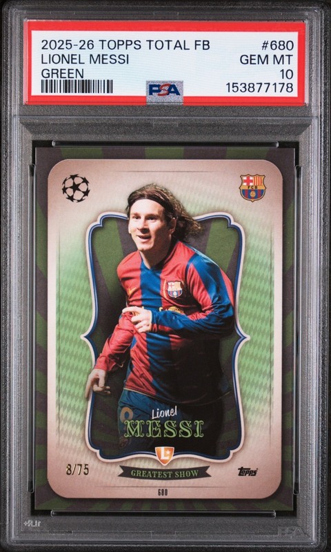 PSA 10 2025 Topps Total Lionel Messi Green /75 SP #680 SP POP 1 Barcelona 