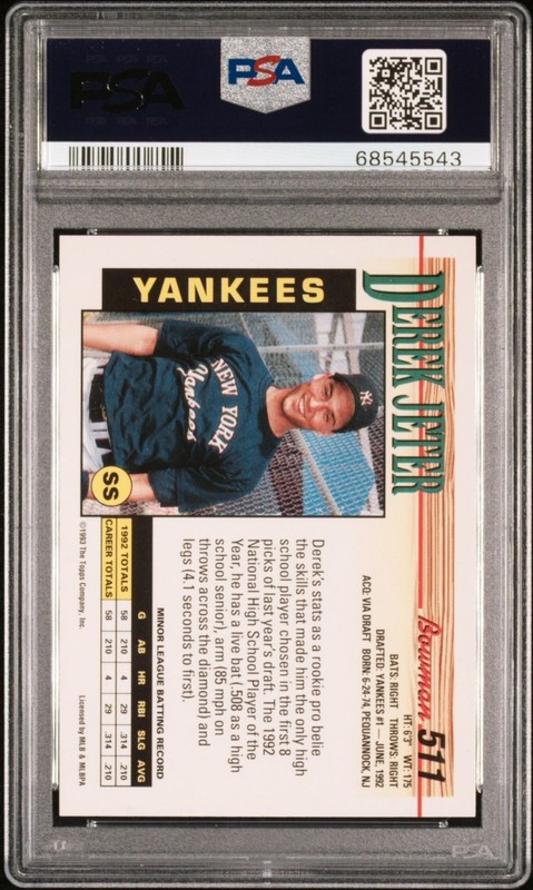 1993 Bowman Derek Jeter Rookie RC #511 PSA 9 Mint HOF New York Yankees view 2