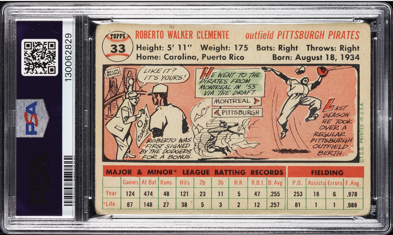 Roberto Clemente 1956 Topps #33 White Back Pittsburgh Pirates PSA 1 view 2