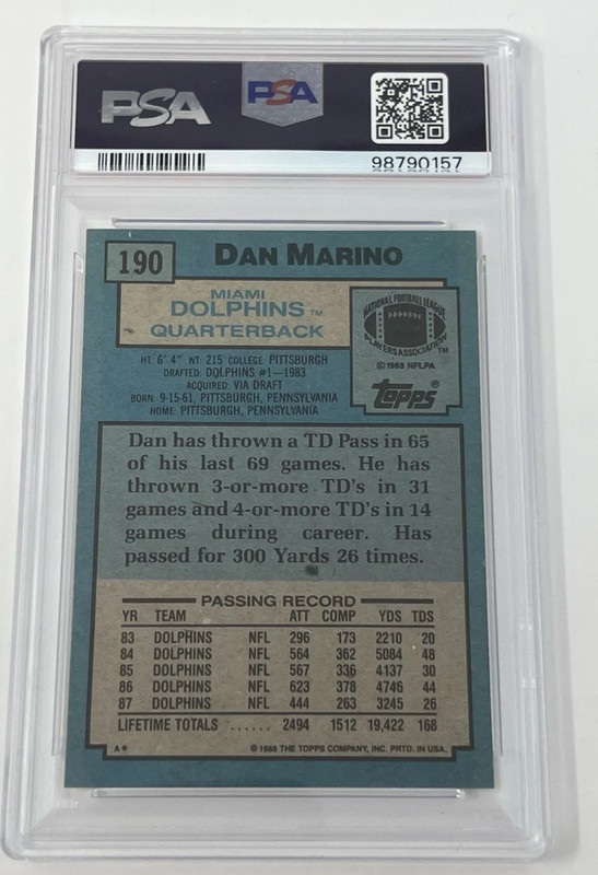 Graded 1988 Topps Dan Marino #190 Football Card Miami Dolphins - PSA 9 MINT 🔥📈 view 2