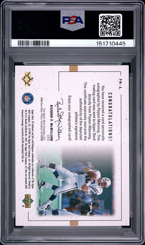 1999 SP Authentic Player's Ink Green #PMA Peyton Manning PSA 8 view 2