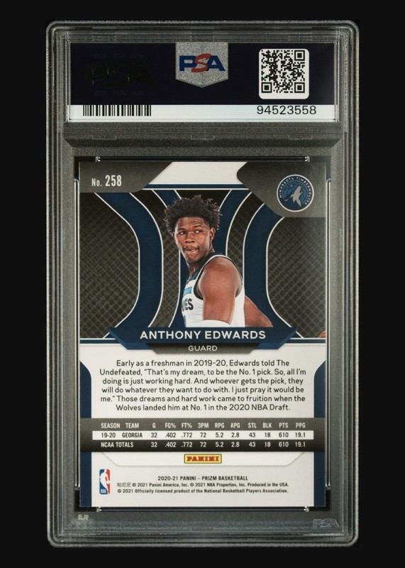 2020 PANINI PRIZM #258 ANTHONY EDWARDS RC PSA 10 view 2