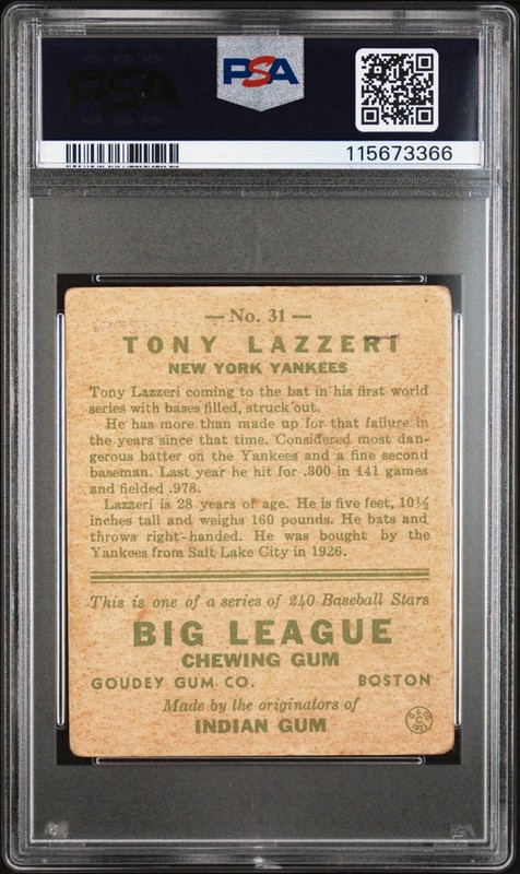 1933 Goudey - #31 Tony Lazzeri - PSA 2 (Newly Graded) view 2