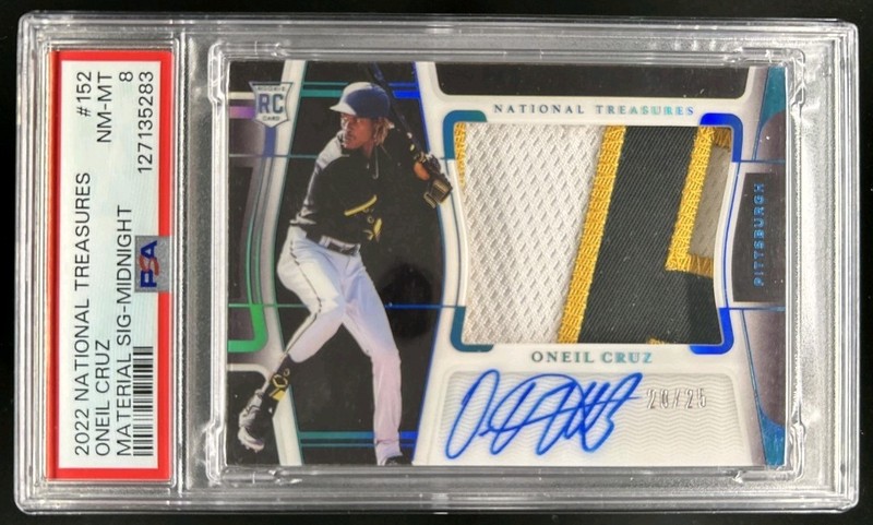 2022 Panini National Treasures Oneil Cruz RPA RC Patch Auto Midnight /25 PSA 8 view 1