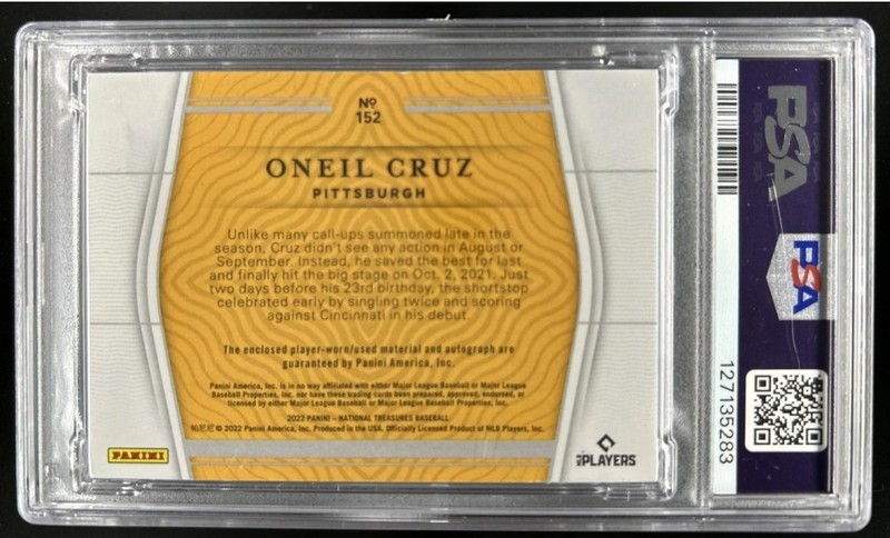2022 Panini National Treasures Oneil Cruz RPA RC Patch Auto Midnight /25 PSA 8 view 2