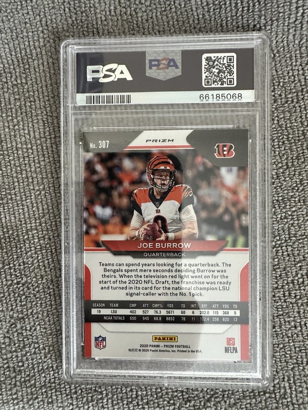 2020 Panini Prizm Red White Blue Joe Burrow PSA 9 view 2