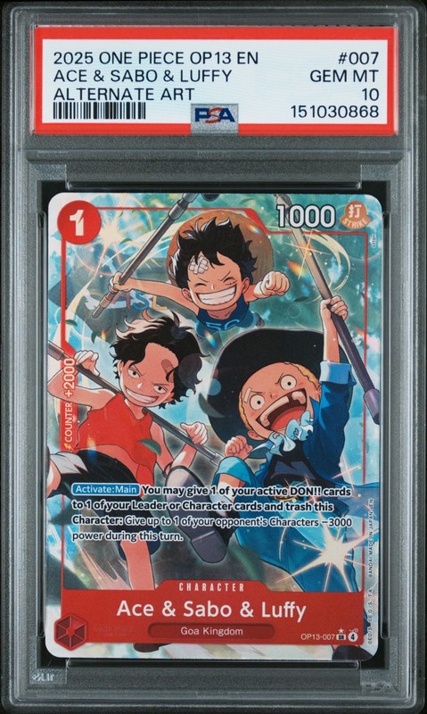 Ace Sabo Luffy PSA 10 One Piece Card OP13-007 Carrying on his Will 2025 Alt Art