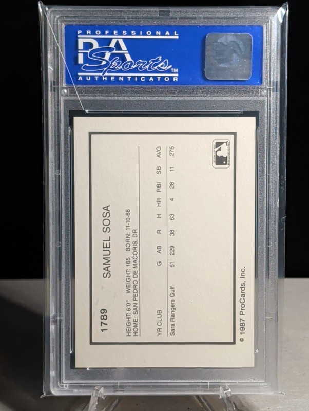 1987 ProCards Sammy Sosa #1789 Gastonia Rangers Rookie RC PSA 9 MINT Basebal1 view 2